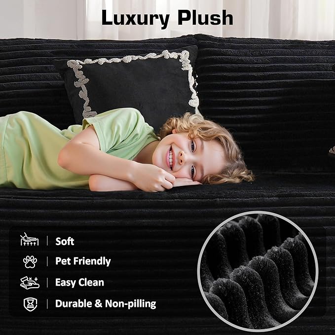 106" Cloud Sectional Couch with Chaise Lounge,L Shaped Modular Modern Sofa,Comfy Corduroy Fluffy Couches with Deep Seat,No Assembly Required Couch for Living Room(Right,Plush Corduroy,Black)