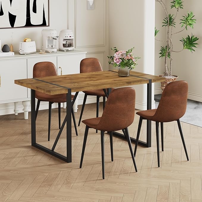 55'' Dining Table for 4-6, Wood Kitchen Table with Metal Legs, Dinner Table for 4-6 for Home Dining Room Living Room