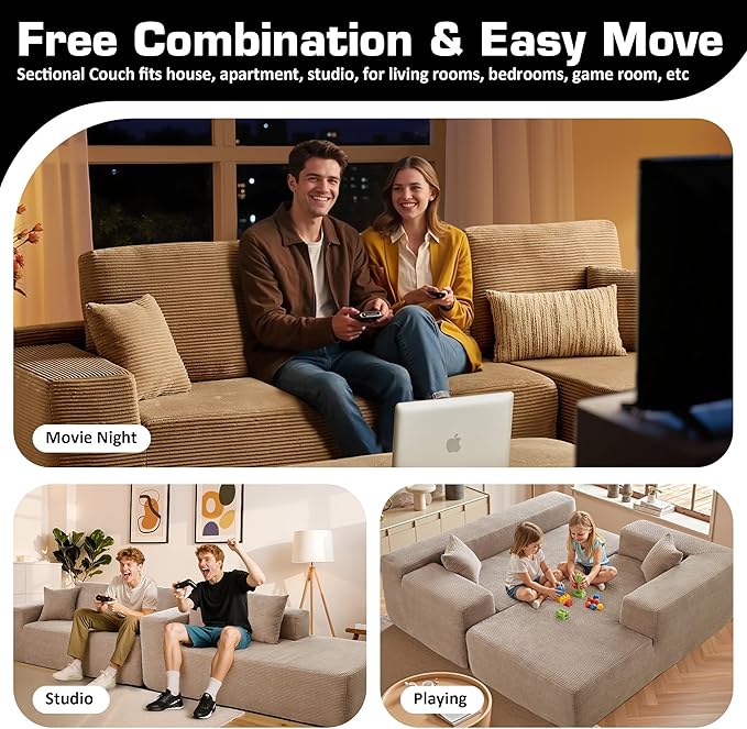 106" Cloud Sectional Couch with L-Shape Chaise & Ottoman, No Assembly Modular Sofa, Deep Seat Corduroy Boneless Couched for Living Room (Camel Stripe Corduroy, Right Facing Chaise with Ottoman)