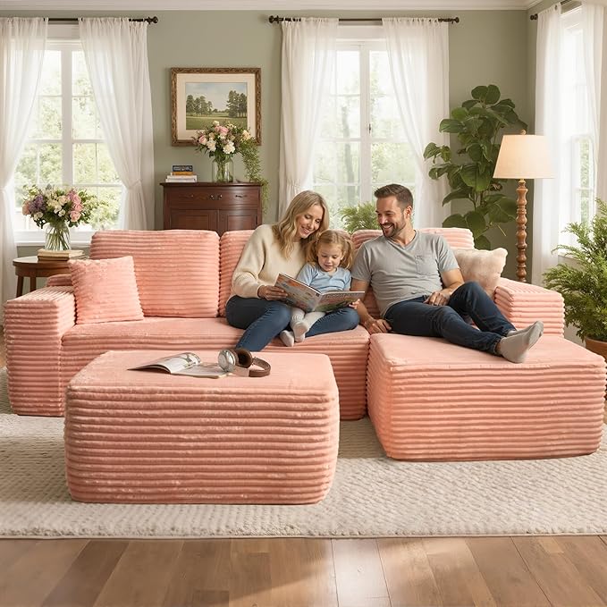 106" Cloud Sectional Couch with L-Shape Chaise & Ottoman, No Assembly Modular Sofa, Deep Seat Plush Corduroy Boneless Couched for Living Room (Pink Plush Corduroy, Right Facing Chaise with Ottoman)