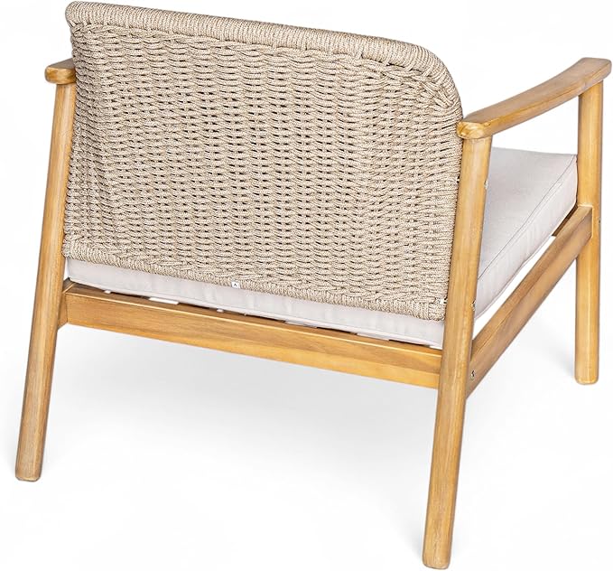 Christopher Knight Home Octavia Outdoor Club Chairs Set of 2, Acacia Wood Accent Chair with Cushion, Woven Rope Backrest Armchair, Solid Wood Frame Chair, Patio Chair for Porch Backyard, Beige+Teak