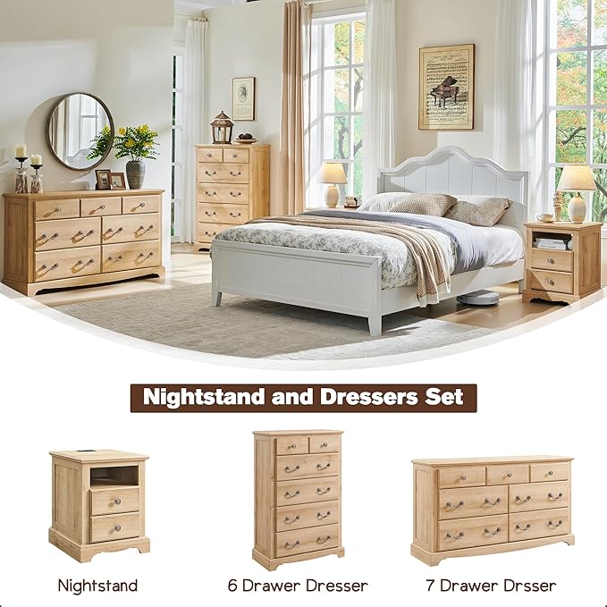T4TREAM Nightstand with Charging Station, 18 Inch Vintage End Table with 2 Drawers, Wood Rustic Sofa Side Table with Open Storage Shelf for Bedroom, Living Room, Natural Oak