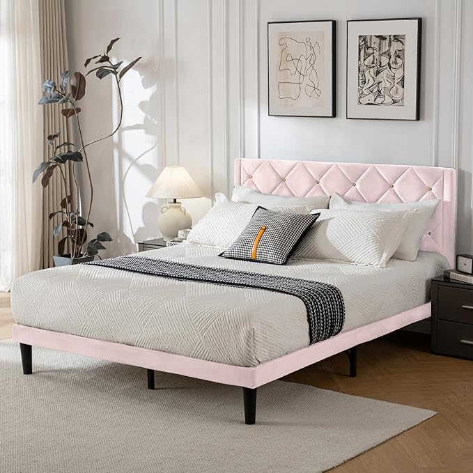 Full Size Platform Bed Frame with Velvet Upholstered Headboard and Sturdy Wooden Slats Support,Mattress Foundation，Easy Assembly, No Box Spring Needed,Slip Resistant (Pink, Full)