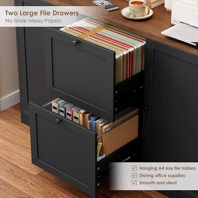 HIFIT 72'' Tall File Bookcase with Power Outlet & Printer Stand, 2 Drawer Filing Cabinets for Home Office Fit Hanging A4 File, Storage Cabinet w/ 3 Tier Open Book Shelf & Doors for Living Room, Black