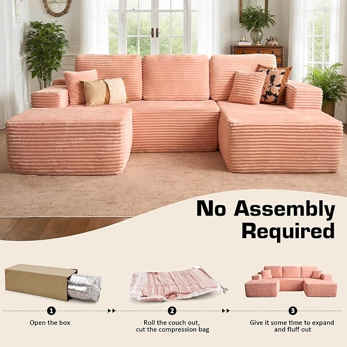 106" Cloud Sectional Couch with L-Shape Chaise & Ottoman, No Assembly Modular Sofa, Deep Seat Plush Corduroy Boneless Couched for Living Room (Pink Plush Corduroy, Right Facing Chaise with Ottoman)