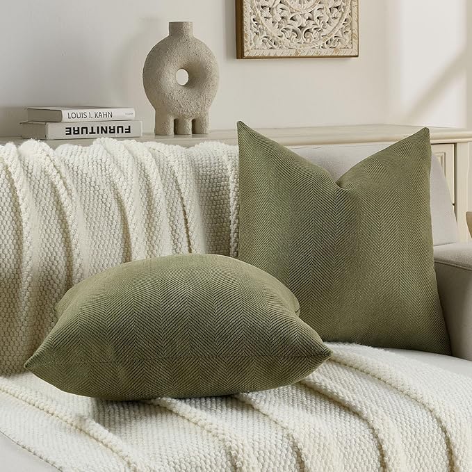 FUTEI Moss Green Chenille Throw Pillow Covers 12x20 Inch Set of 2,Soft Wide Chevron Textured Lumbar Pillow Cases,Farmhouse Home Decor for Couch Bed Living Room