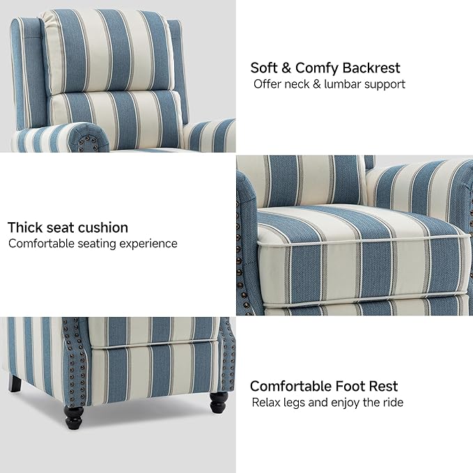 Lumibee Pushback Recliner Chair,Upholstered Wingback Chair for Small Spaces,Floral Fabric for Living Room,Single Sofa Accent Chair Reading Seat for Balcony,Bedroom-Striple Navy