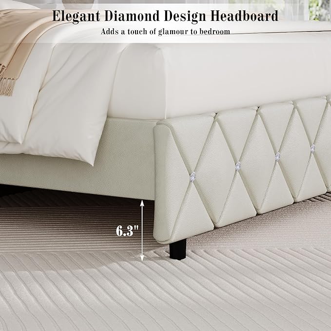 BarnFurin Twin Bed Frame with Diamond Tufted Headboard, Faux Leather Upholstered Bed with Wooden Slats Support, No Box Spring Needed, Mattress Foundation, Easy Assembly, Cream