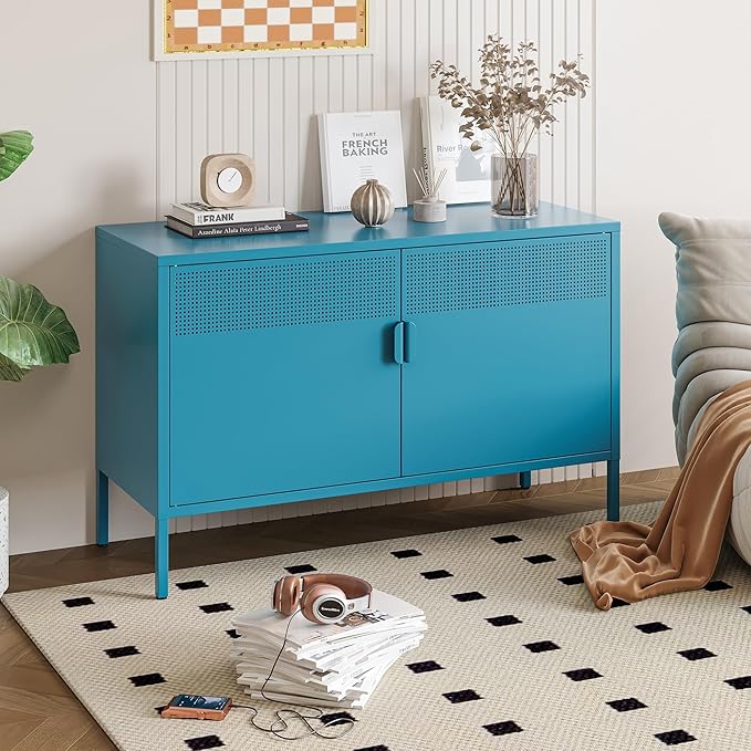 Blue Metal Storage Cabinet with Doors and Shelf, 2 Door Locker Storage Cabinet for Home and Office, 2 Tier Low Metal Tv Stand Cabinet