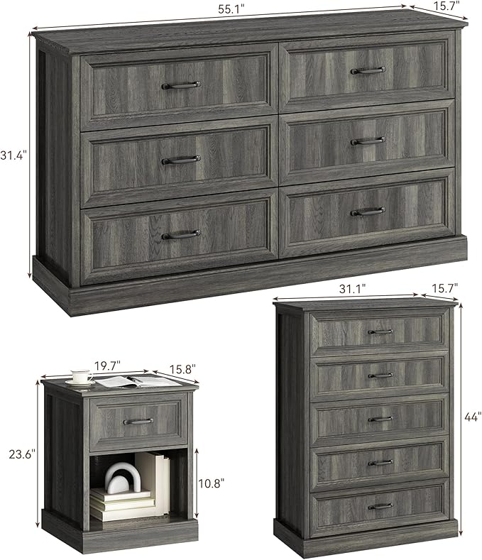 CARPETNAL Farmhouse Dresser and Nightstand Sets for Bedroom, 4 Pcs Bedroom Set, 5 Drawer & 6 Drawer Dresser and Nightstand Set of 2, Wood Chest of Drawers for Living Room, Entryway, Grey