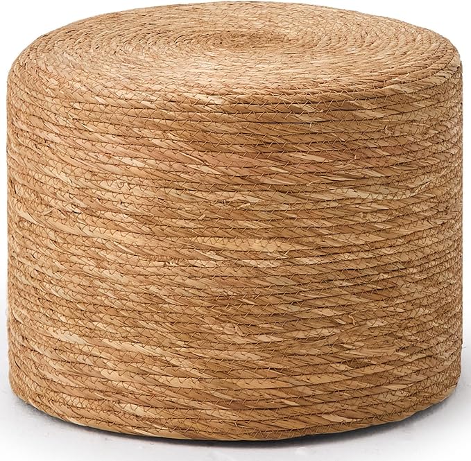 Wimarsbon Round Pouf Ottoman, Natural Hand Knitted Footrest Poof, Rustic Lounge Pouffe, Boho Pous Foot Stool, Accent Table or Seat (Natural Cattail, 15.7 * 15.7 * 11.8)