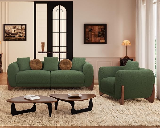 Morden Fort 2 Piece Cloud Couch Set, Modern Sherpa Boucle Sofa Set with Wood Legs, Skin-Friendly Minimalist Upholstered Comfy Couch Sofas for Living Room, 3-Seater Sofa & Accent Arm Chair, Green