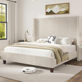 HOWE Queen Size 61" Corduroy Upholstered Bed Frame, Platform Bed with Vertical Stripe Wingback Headboard, No Box Spring Needed/Noise Free/Solid Wood Slats & Legs/Cream