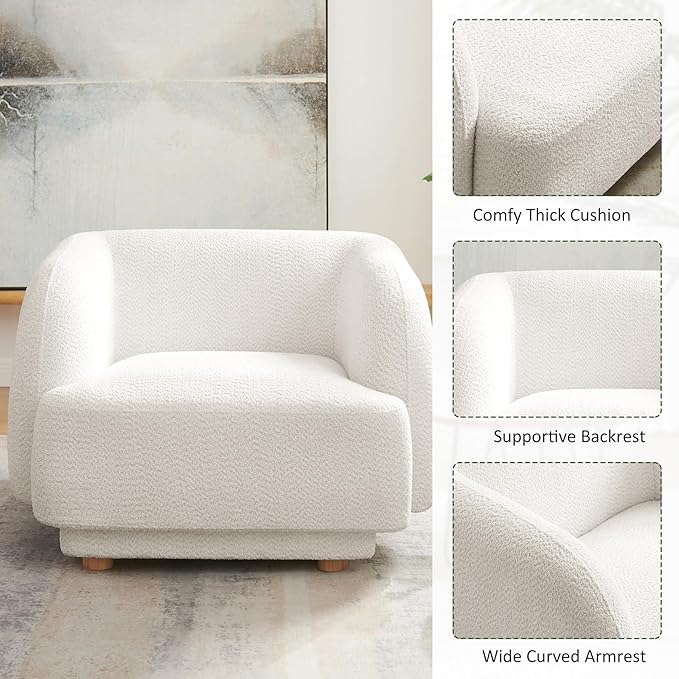 VANOMi Oversized Living Room Chair, Modern Comfy Accent Barrel Chairs, Single Sofa Chair with Wood Legs, Upholstered Armchair for Bedroom, Office, Waiting Room (White)