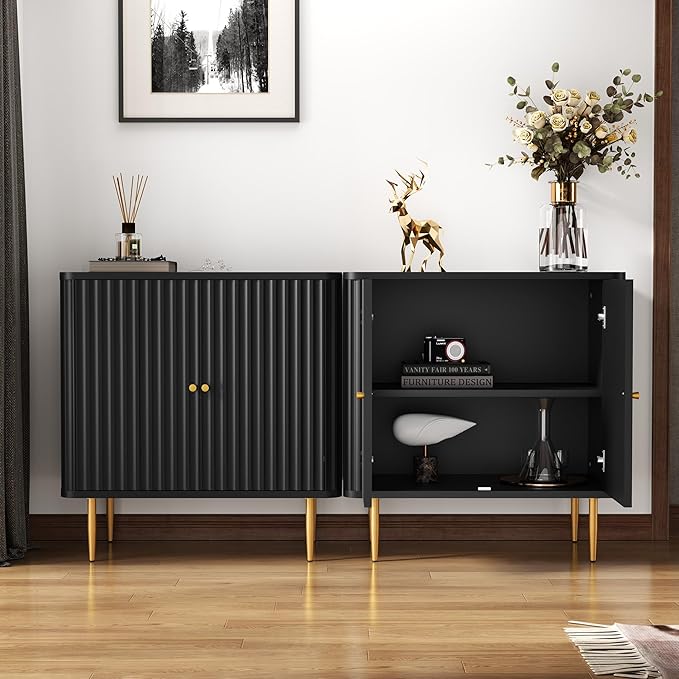 HLR Sideboard Buffet Cabinet with Fluted Texture, Black Accent Cabinet with 2 Doors, Modern Credenza Storage for Kitchen Living Room, Entryway (Black, 1Piece)