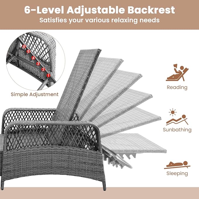 COSTWAY PE Rattan Chaise Lounge Chair, 6 Gear Adjustable Recliner with Armrest & Pillow, Wicker Outdoor Furniture for Deck, Patio (1, Gray)