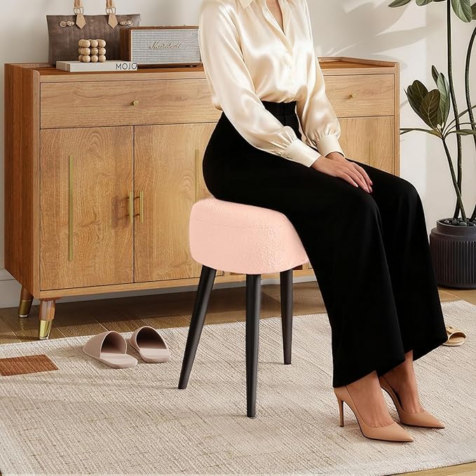 White Vanity Stool, Soft Makeup Stool with Solid Metal Legs for Vanity Corner, Morden Footrest Easy to Assembly (Pink)