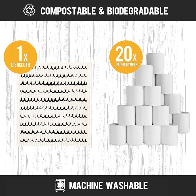 Morigins Swedish Dishcloths for Kitchen,6 Pack Black Minimalist Swedish Dish Towels,Cellulose Sponge Cloths Reusable Paper Towels, Biodegradable and Reusable Kitchen Dish Rags