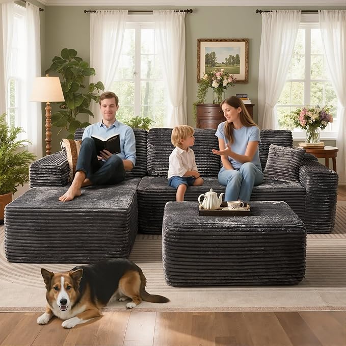 106" Cloud Sectional Couch with L-Shape Chaise & Ottoman, No Assembly Modular Sofa, Deep Seat Plush Corduroy Boneless Couched for Living Room (Gray Plush Corduroy, Left Facing Chaise with Ottoman)