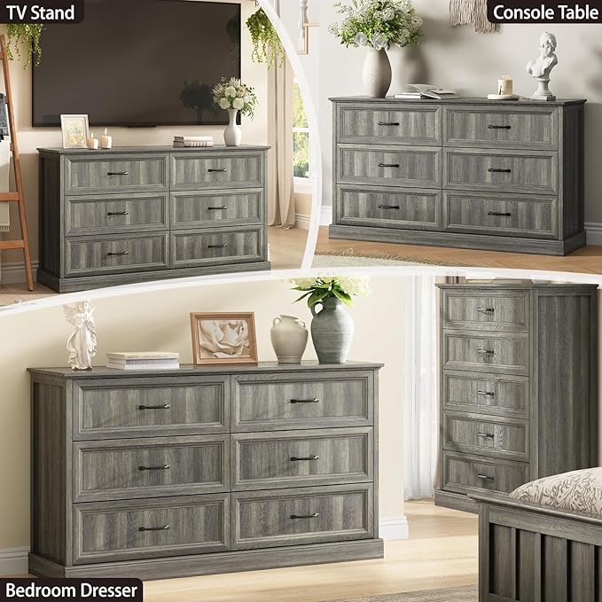Farmhouse 6 Drawer Dresser for Bedroom, 55 Inch Wide Modern Grey Dresser TV Stand with Large Drawers & Bar Handles, Rustic Wood Chest of Drawers for Bedroom, Living Room
