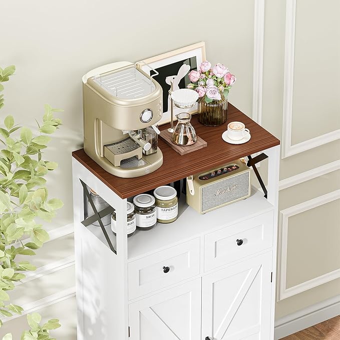 SUPER DEAL Farmhouse Storage Cabinet, Bathroom Floor Cabinet Kitchen Pantry with Doors and Drawers, Hutch Cupboard for Laundry, Living Room, Bedroom, White