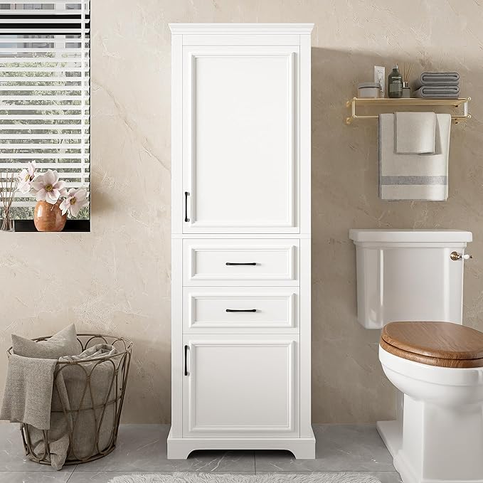 Tall Freestanding Storage Cabinet with 2 Doors & 2 Drawers, Multi-Purpose Organizer with Adjustable Shelf for Bathroom, Office, Living Room, White