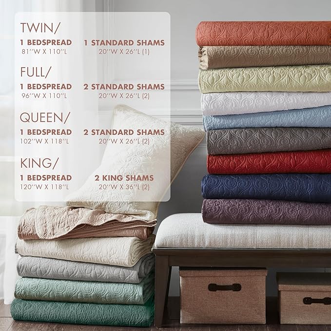 Madison Park King Quilt Set Reversible Damask Quilted Coverlet for King Size Bed, Cotton-Filled Quilts, All Season, Lofty & Warm Bedspread, Quebec, King Clay Red 3 Piece