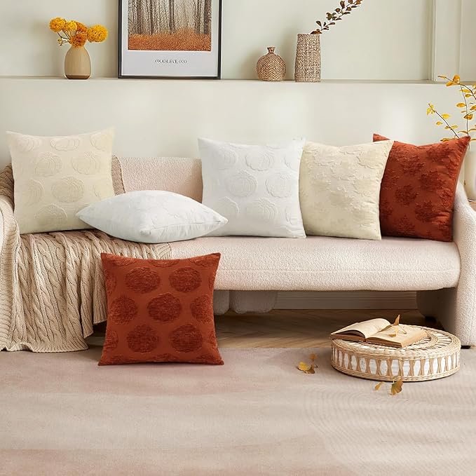decorUhome Decorative Cream White Maple Leaf Thanksgiving Throw Pillow Covers 18x18 Set of 2, Soft Chenille Jacquard Farmhouse Textured Pillow Covers for Couch Sofa Autumn Harvest Halloween Holiday