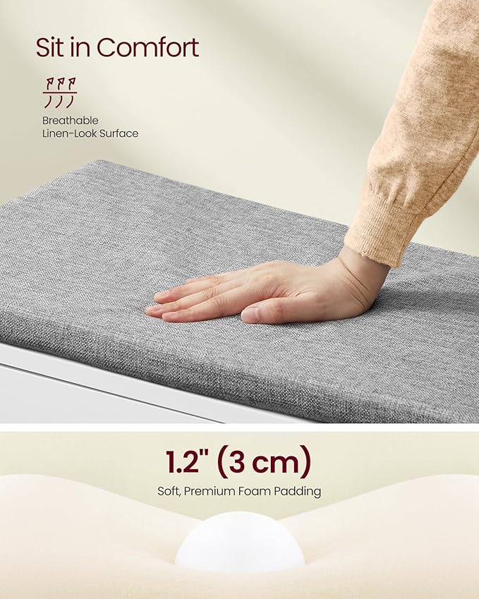 VASAGLE Shoe Storage Bench with Cushion, 3-Tier Entryway Bench with Padded Seat, Doors, Adjustable Shelves, 14 x 31.9 x 20.7 Inches, for Hallway, Bedroom, Cloud White and Dove Gray ULSB034W01
