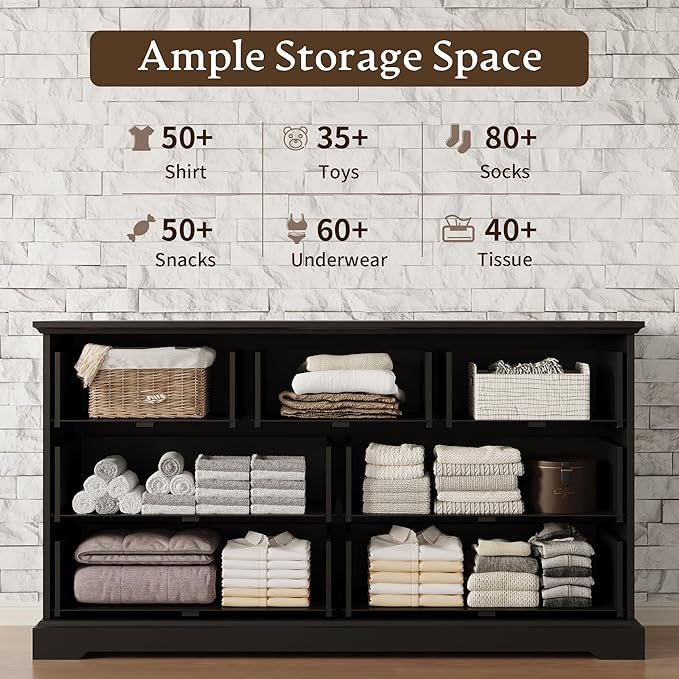 Farmhouse 7 Drawers Dresser for Bedroom, 57" Wide Modern Chest of Drawers with Deep Drawers & Bar Handles, Rustic Wood Dresser TV Stand, Wooden Closet Storage Organizer for Living Room, Hallway, Black