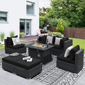 NICESOUL 7 Piece Outdoor Patio Sectional Furniture Set with Firepit Natural Gas/Propane, 29.3'' High-Back Comfy Conversations for Outside, Oversized Wide Wicker Couches, 2 Color Cushion Black & Gray