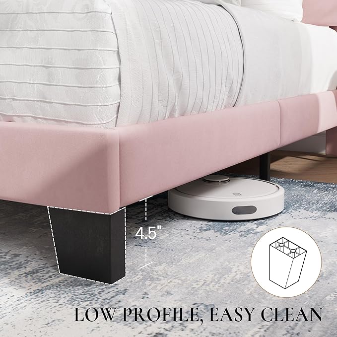 SHA CERLIN Full Platform Bed Frame with Velvet Upholstered Headboard, Mattress Foundation with Strong Wooden Slats Support, No Box Spring Needed, Pink