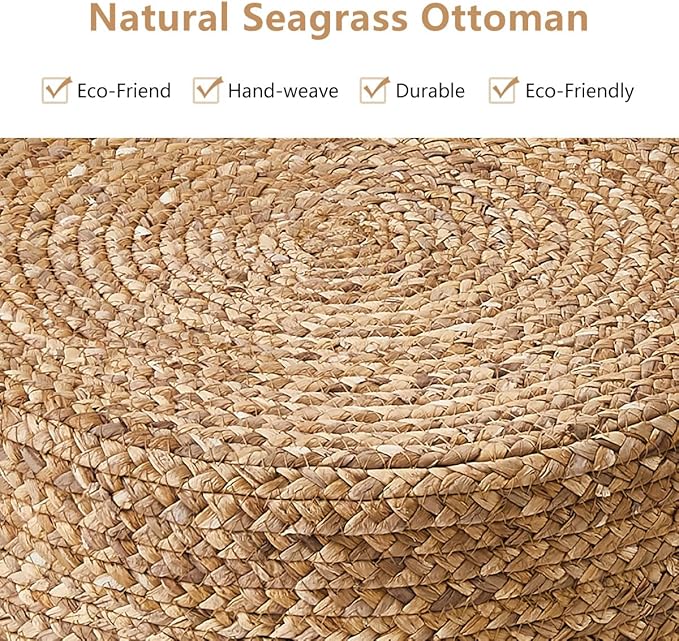 Wimarsbon Foot Stool Ottoman Round Natural Seagrass Footrest Stool Hand-Woven Boho Pouf Ottomans Home Decor Footstool Extra Seating for Living Room Bedroom Entryway White