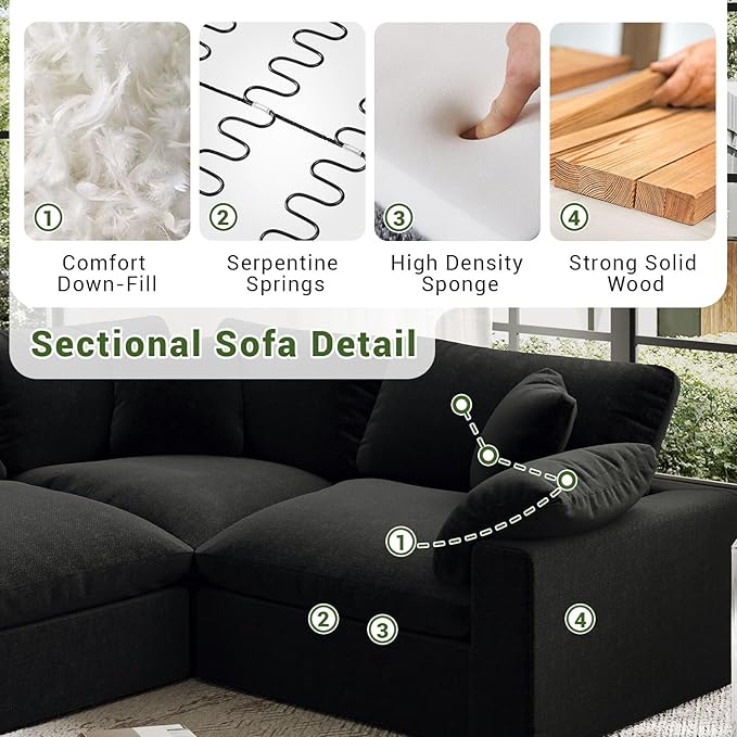 Oversize Cloud Modular Sectional Sofa,Chaise Down Filled Comfort Sofa Detachable Couch Cushion Covers for Living Room Apartment,Black