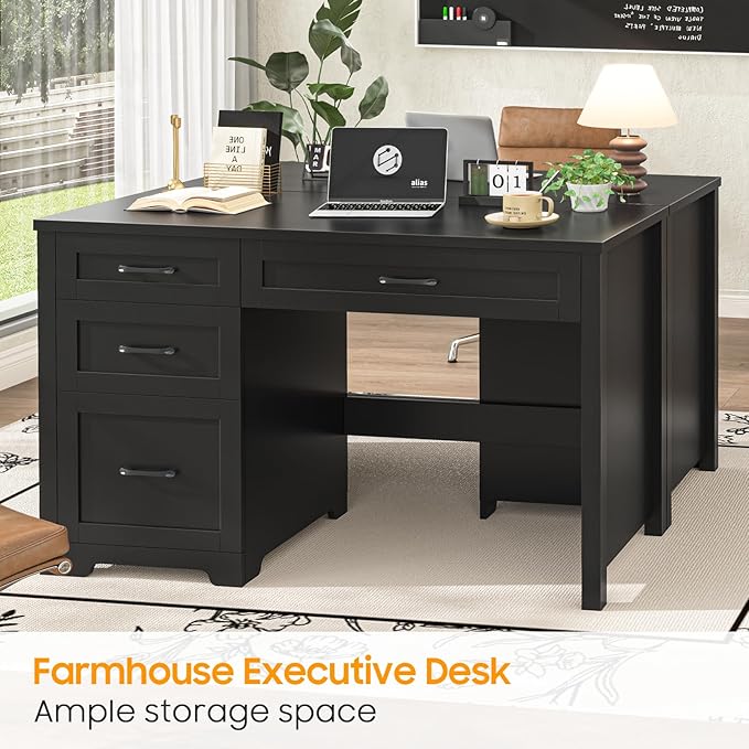 Vabches Farmhouse 47" Executive Desk with File Drawer, Wood Computer Desk with 3 Storage Drawers, Workstation for Home Office, Study, Writing.Black.