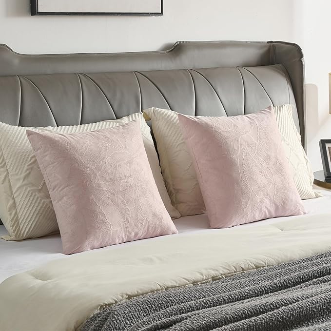FUTEI Pink Velvet Throw Pillow Covers 22x22 Inch Set of 2,Soft Embossed Leaf-Relief Textured Cushion Cases,Natural Home Decor for Couch Living Room