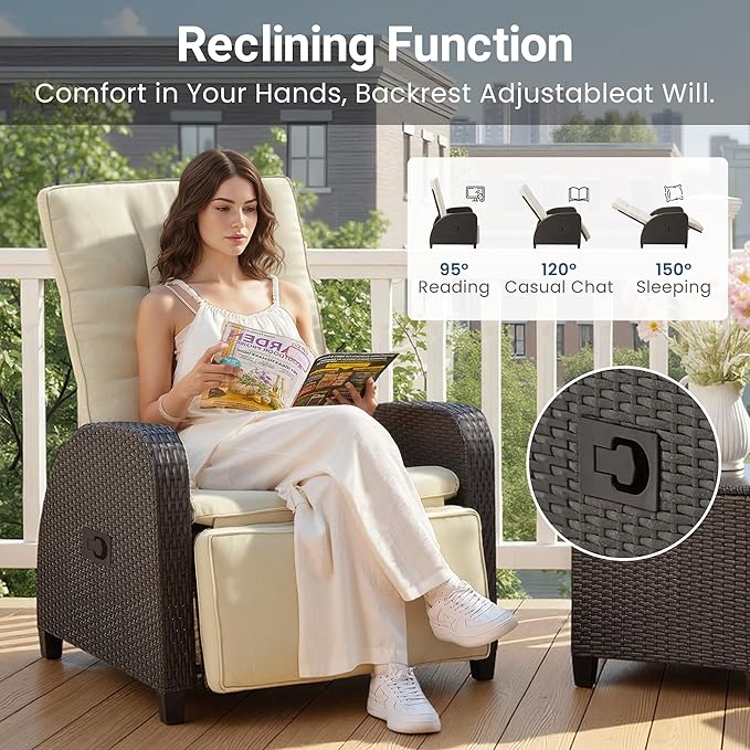 3-Peices Outdoor Patio Recliner with Independently Adjustable Backrest , All-Weather Wicker Patio Chair with Side Table, 160° Lay Flat Patio Reclining Lounge Chair for Backyard Garden, Beige