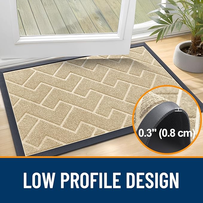 OLANLY Front Door Mat Indoor Outdoor Entrance, Waterproof All-Season, All-Weather Doormat, Sturdy Natural Rubber, Low Profile, Easy Clean Patio Porch Entryway Mat, Herringbone Brick (Beige, 59x35)
