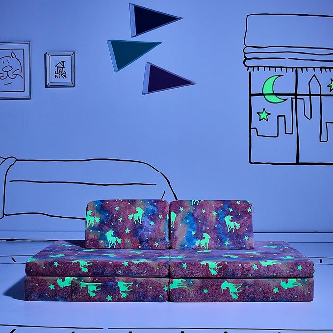 YOURIGAMI Kids and Toddler Play Couch, Convertible Folding Sofa, Durable Foam Modular Design, Glow in The Dark Unicorn