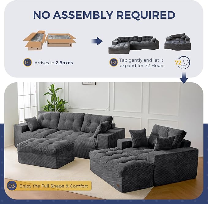 MAXYOYO Sectional Sofa Couch and Chaise Lounge, L Shaped Modern Cloud Couch with Ottoman, Comfy Sofa with Layered Cushion, Tufted Upholstered Sleeper Chair for Living Room, No Assembly Required