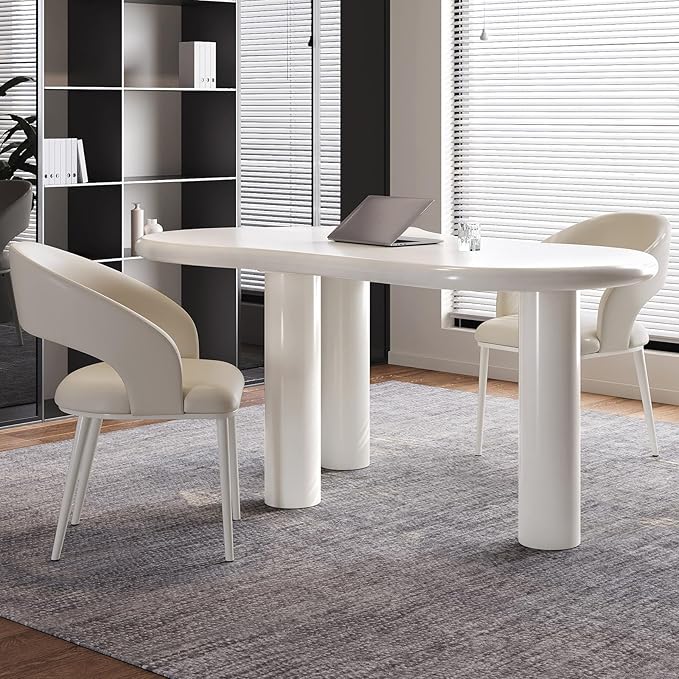 Modern Cream-White Office Desk with Beige Business Chair, Large Computer Table Set, Minimalist and Sturdy Workstation and Workstation, Ideal for Office, Home Office, and Gaming (Desk with Two Chairs)