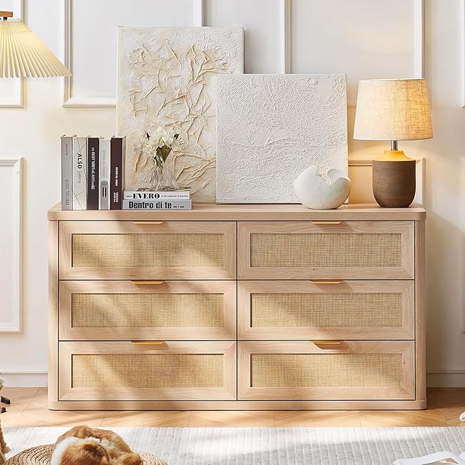 LEYAOYAO Rattan 6 Drawer Dresser for Bedroom Set of 2, Boho 54" Wide Natural Wood Dresser Chest of Drawers, Dressers TV Stand with Metal Handle, Storage Dressers Closet Organizer for Living Room