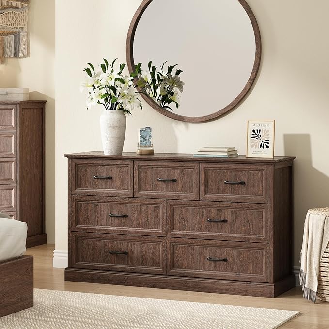 Farmhouse 7 Drawer Dresser for Bedroom, 55 Inch Wide Modern Brown Dresser TV Stand with Large Drawers & Bar Handles, Rustic Wood Chest of Drawers for Bedroom
