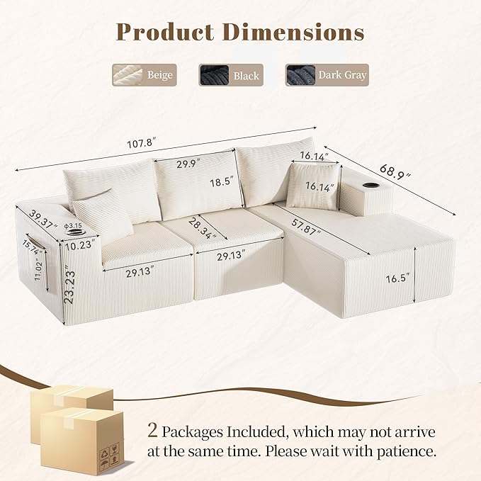 107" Cloud Sectional Couch, Modular Sectional Sofa with L-Shape Chaise, Corduroy Boneless Couch with Deep Seat, Upholstered Sofa for Living Room, No Assembly Required(Right-Facing Chaise, White)