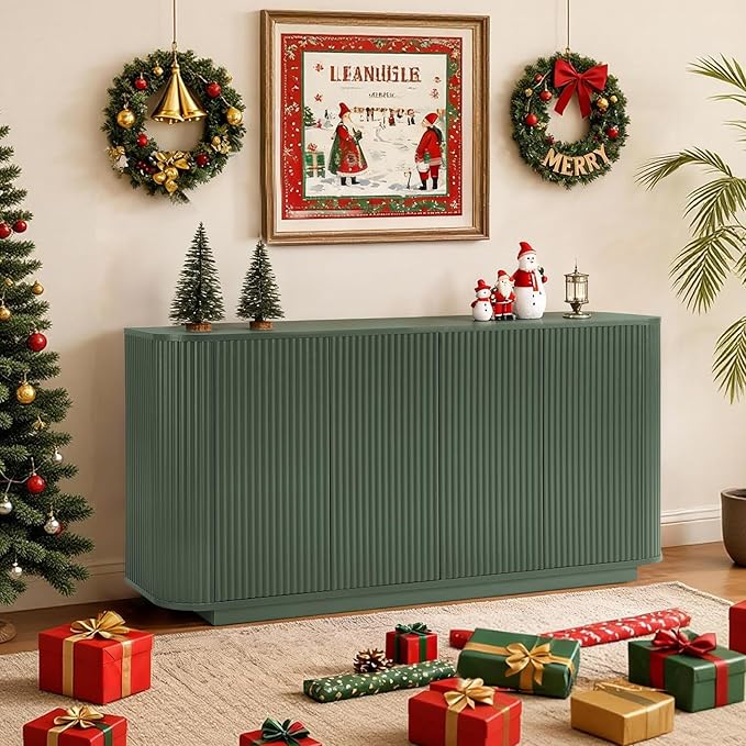 LKTART 64" Buffet Cabinet with Storage, Modern Fluted Accent Sideboard Media Console Credenza with Adjustable Shelves Pressed Spring for Kitchen Living Room,31.5" H (Green)