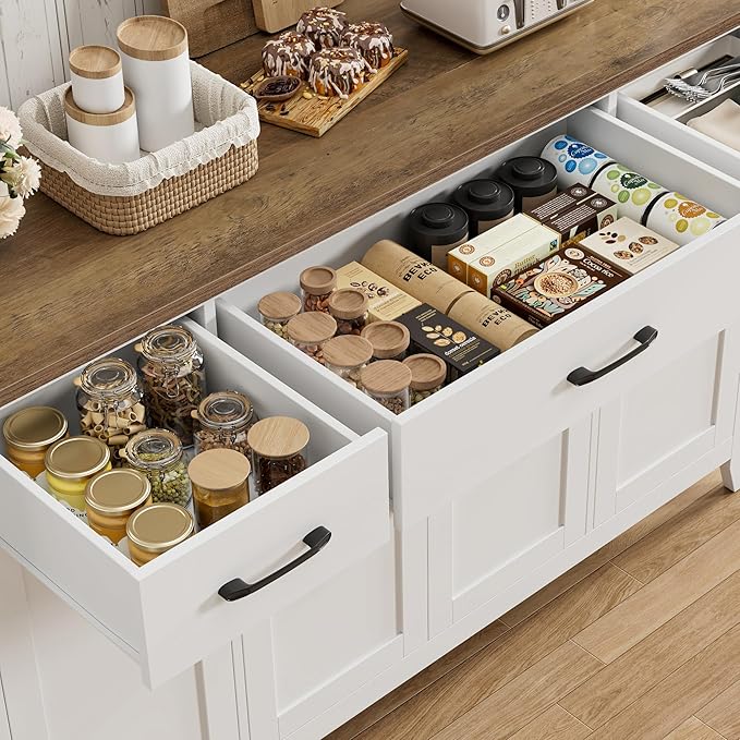 HORSTORS 55" Buffet Cabinet, Modern Farmhouse Sideboard Buffet with Drawers, Large Kitchen Storage Cabinet with Adjustable Shelves, Wood Coffee Bar for Kitchen, Dining Room, Living Room, White