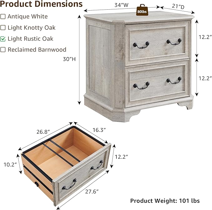 T4TREAM 34" Farmhouse Lateral File Cabinet for Home Office, Large 2-Drawer Wood Filing Cabinet w/Smooth Rails, Fits Letter/Legal Files, Storage Cabinet w/Framed Drawer Front Design, Light Rustic Oak