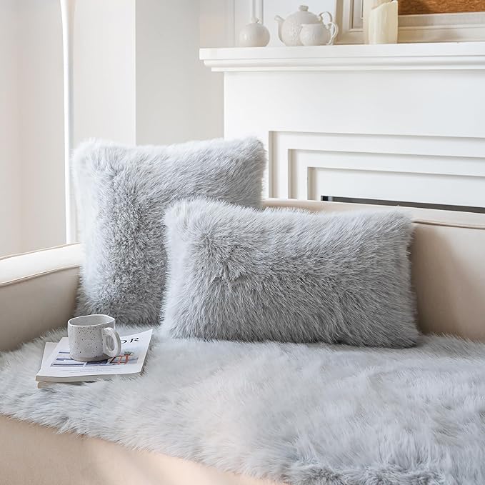 Neelvin Light Grey Faux Fur Cozy Fluffy Double-Sided Decorative Throw Pillow Covers 12x20 inch Set of 2,Velvet Pillowcase Cushion Case for Sofa Couch