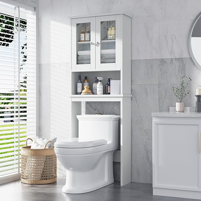 Meilocar Over The Toilet Storage Cabinet, Bathroom Storage Cabinet Over Toilet, Space Saver W/Adjustable Shelf & Open Shelf, White