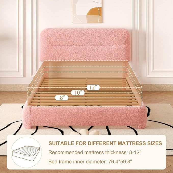 Full Size Cloud Bed Frame, Upholstered Boucle Platform Bed with Adjustable Headboard, Anti-Collision Soft Rounded Corners, Noise Free, Easy Assembly, Pink